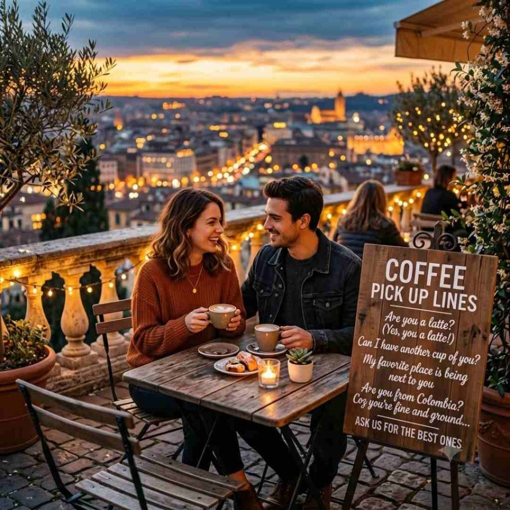 Couple enjoying coffee pick up lines on a rooftop cafe at sunset
