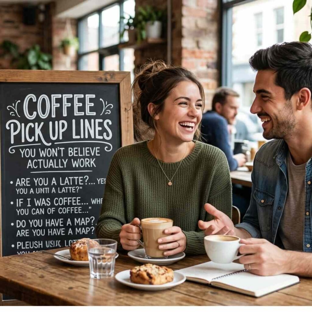 Couple laughing over coffee pick up lines at a cozy brick-wall cafe