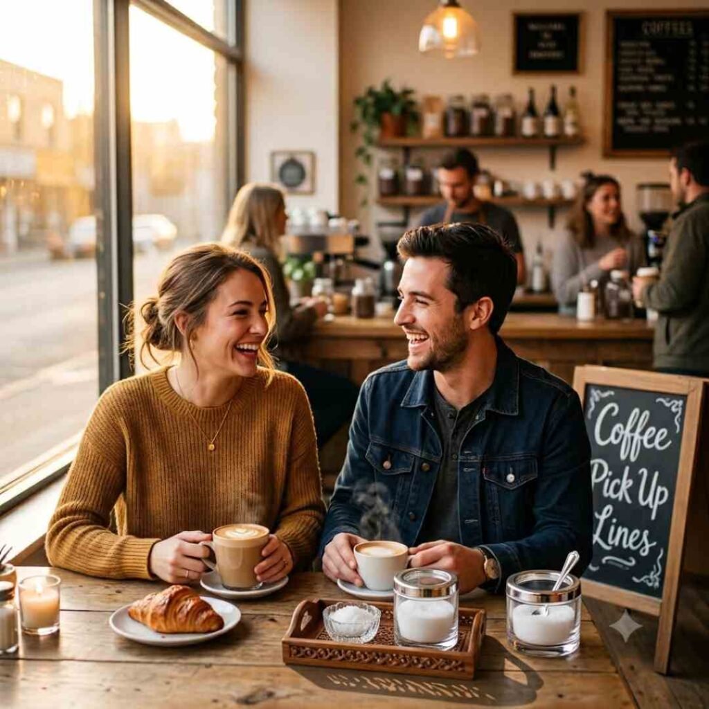 Couple sharing coffee pick up lines over croissants at a sunlit cafe table