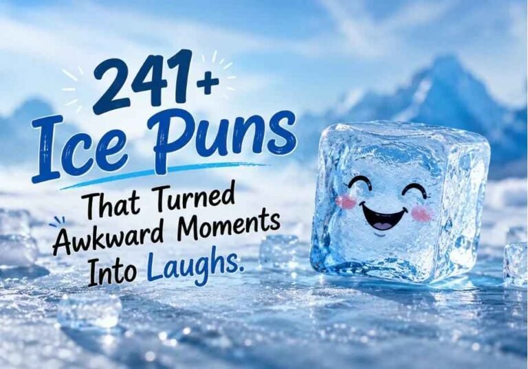 Creative ice puns blog cover with a happy ice cube, frozen background, and funny jokes that turn awkward moments into laughs