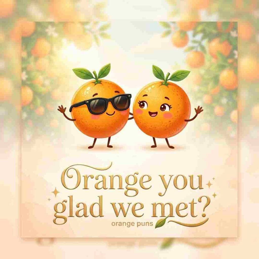 Orange puns graphic with two cute oranges sharing a playful pickup line on a colorful background.