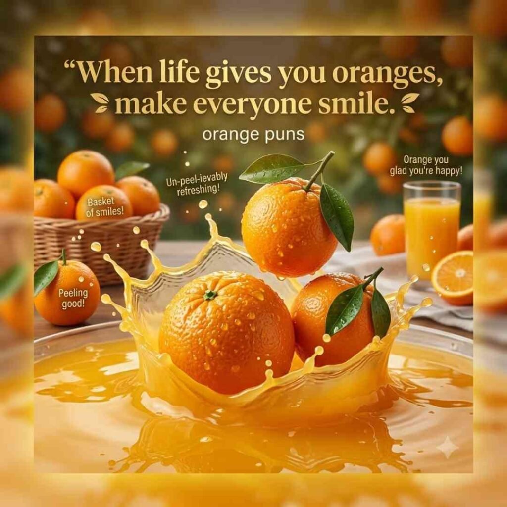 Orange puns featured image with oranges splashing into juice and a clever citrus-inspired quote.