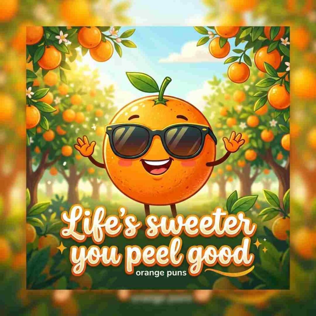 Orange puns image featuring a smiling cartoon orange in a sunny orchard with a funny citrus-themed quote.