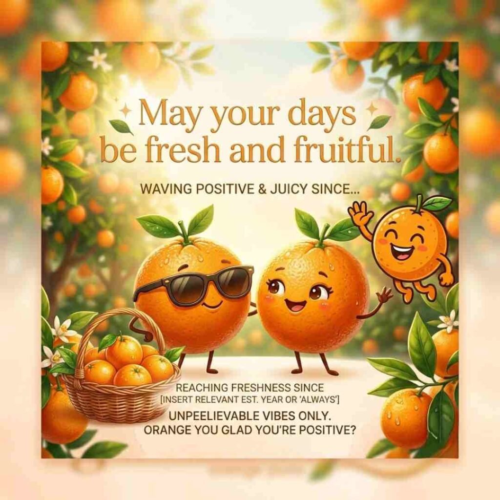 Orange puns artwork showing ripe oranges and a cheerful blessing with vibrant citrus visuals.