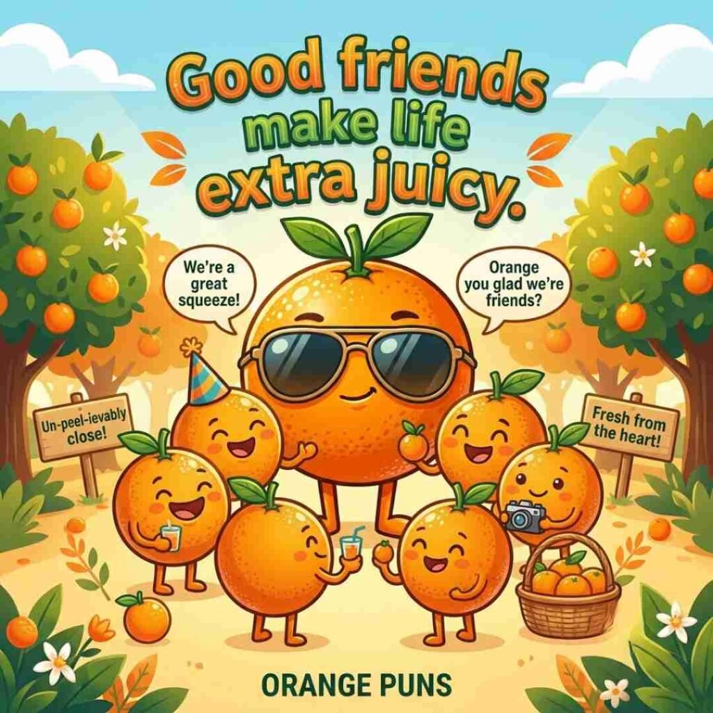 Orange puns graphic featuring happy oranges and a friendship-themed message.