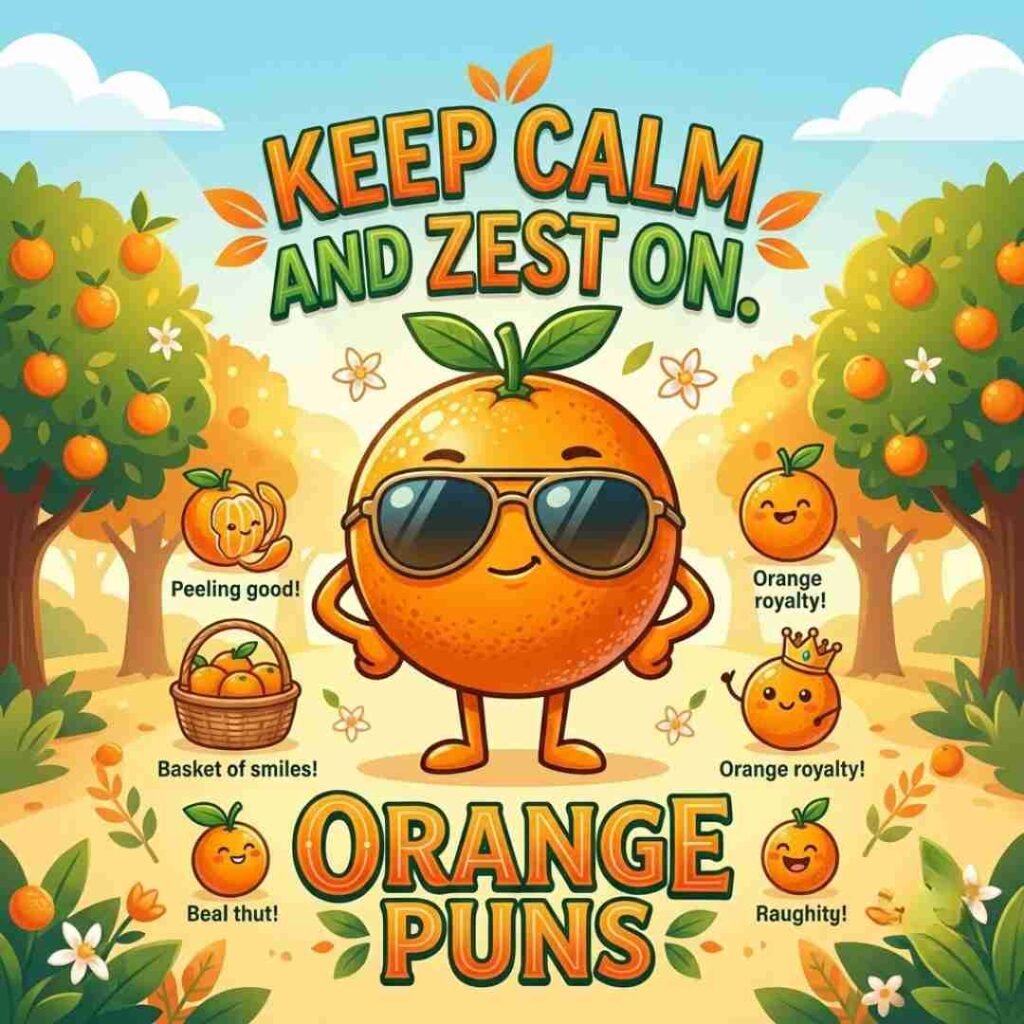 Orange puns image with a stylish orange character and a funny zest-themed quote.