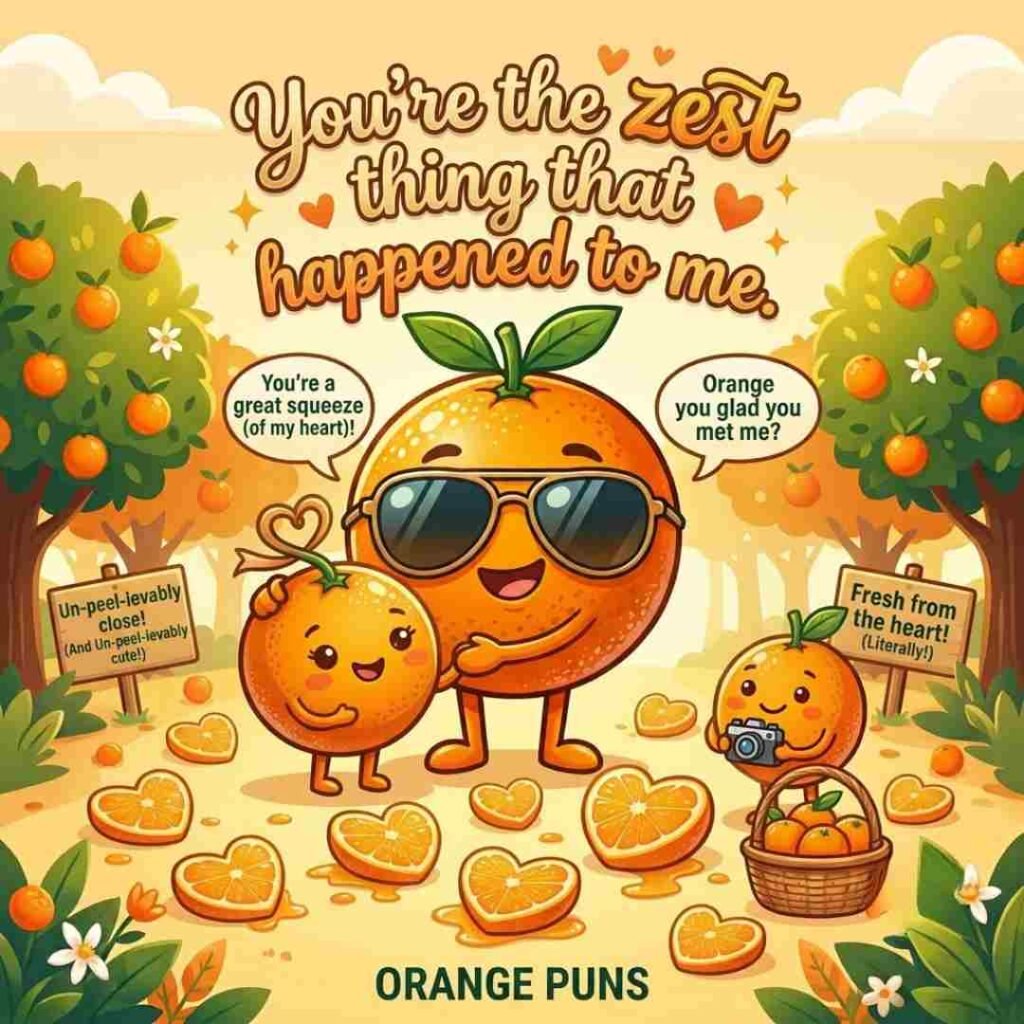 Orange puns romantic image with heart-shaped orange slices and a sweet citrus pickup line.