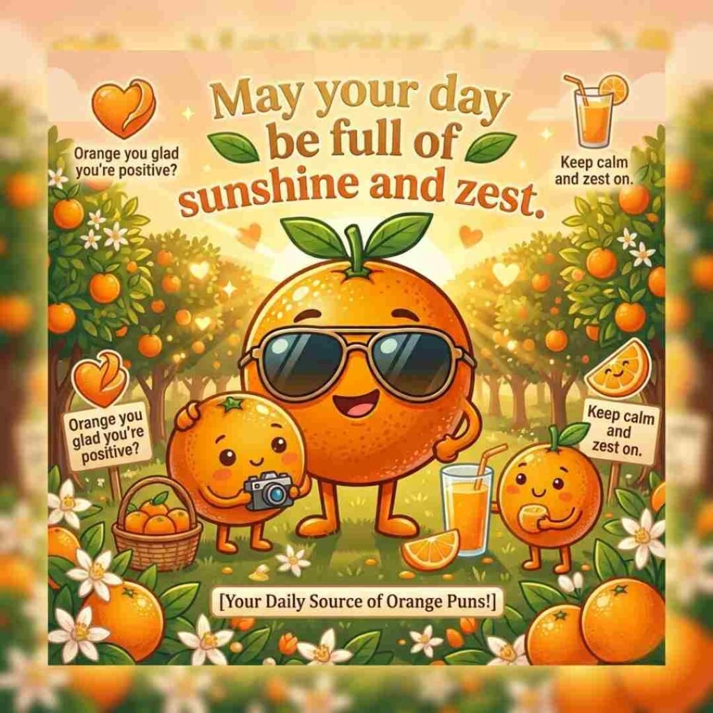 Orange puns wish image featuring a citrus sunrise and an uplifting positive message.