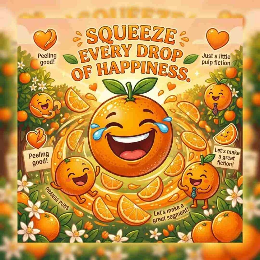 Orange puns wish image featuring a citrus sunrise and an uplifting positive message.