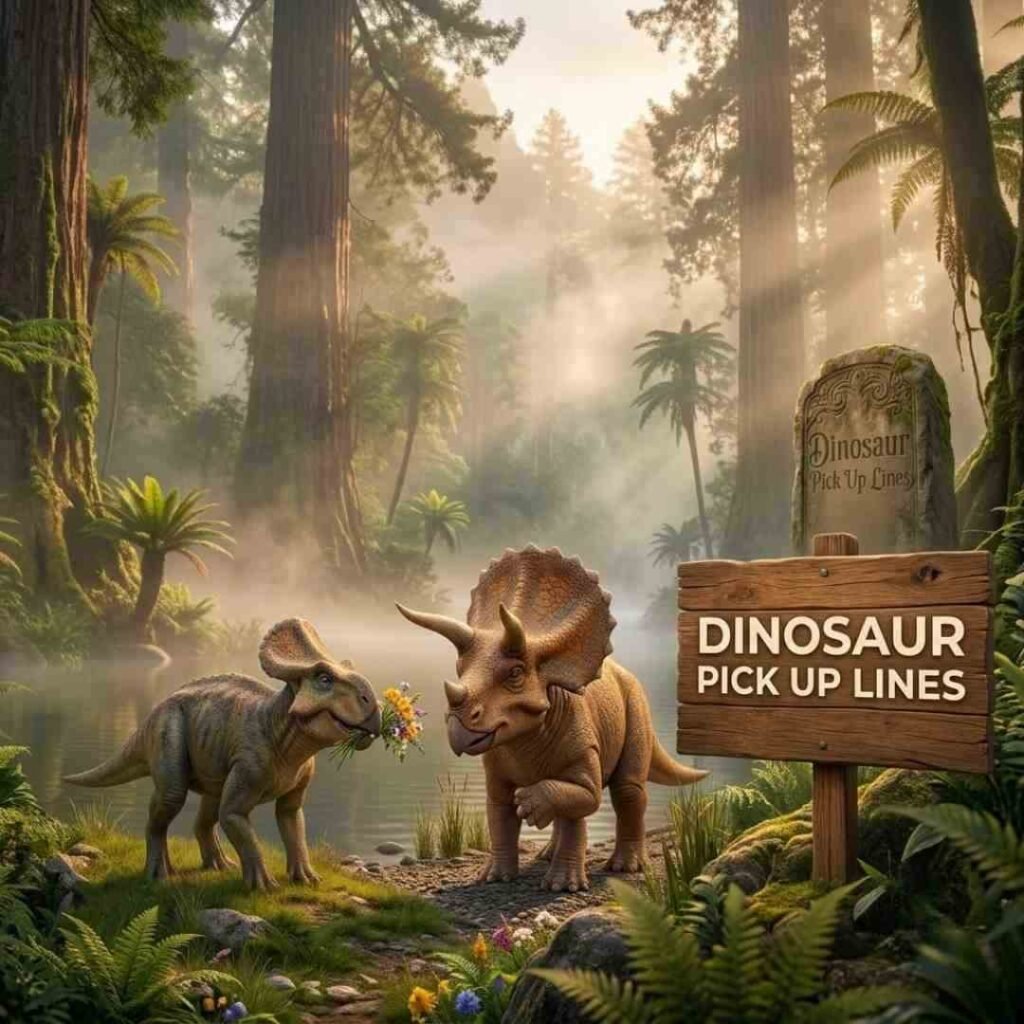 Dinosaur pick up lines movie poster featuring T-Rex and triceratops in a prehistoric jungle
