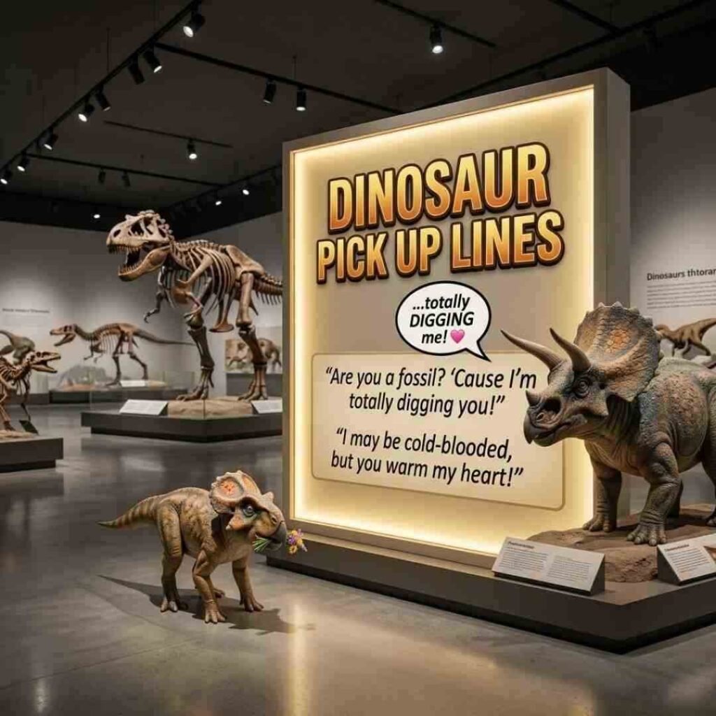 Dinosaur pick up lines museum exhibit sign with T-Rex skeleton and triceratops
