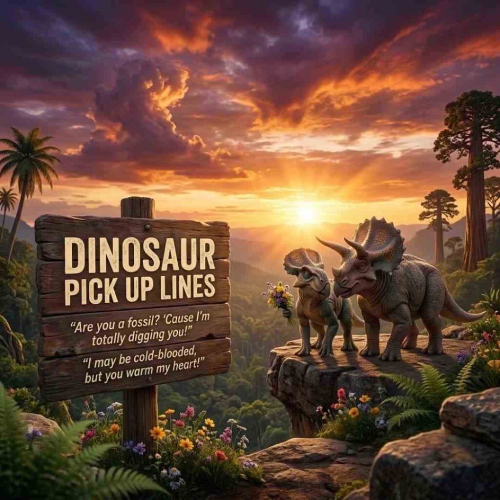 Dinosaur pick up lines sign with triceratops couple on a cliff at sunset