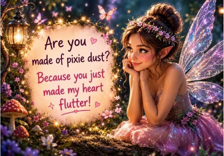 Fairy pick up lines illustration featuring a smiling fairy with sparkling wings in a magical enchanted forest beside a romantic fairy-themed pickup line, surrounded by glowing flowers, mushrooms, and whimsical fantasy elements.