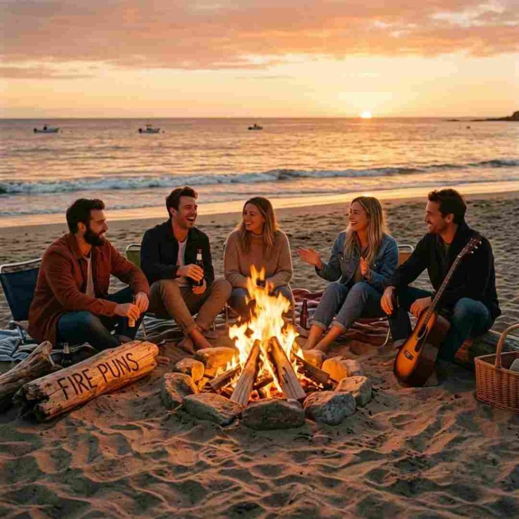 Beautiful lakeside sunset scene with Fire Puns text beside a glowing fire pit and calm water reflections.