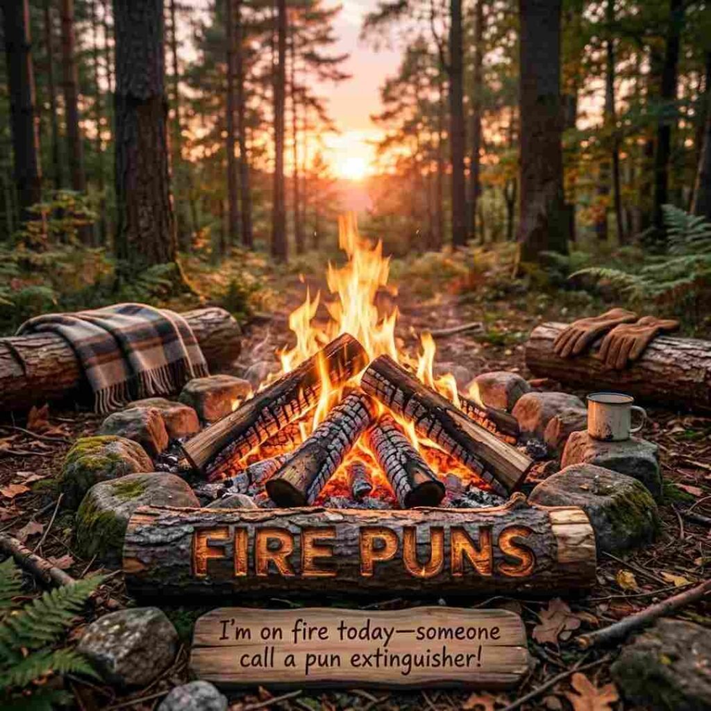 Fire Puns one liners featured on a realistic campfire glowing at sunset in a peaceful mountain setting.