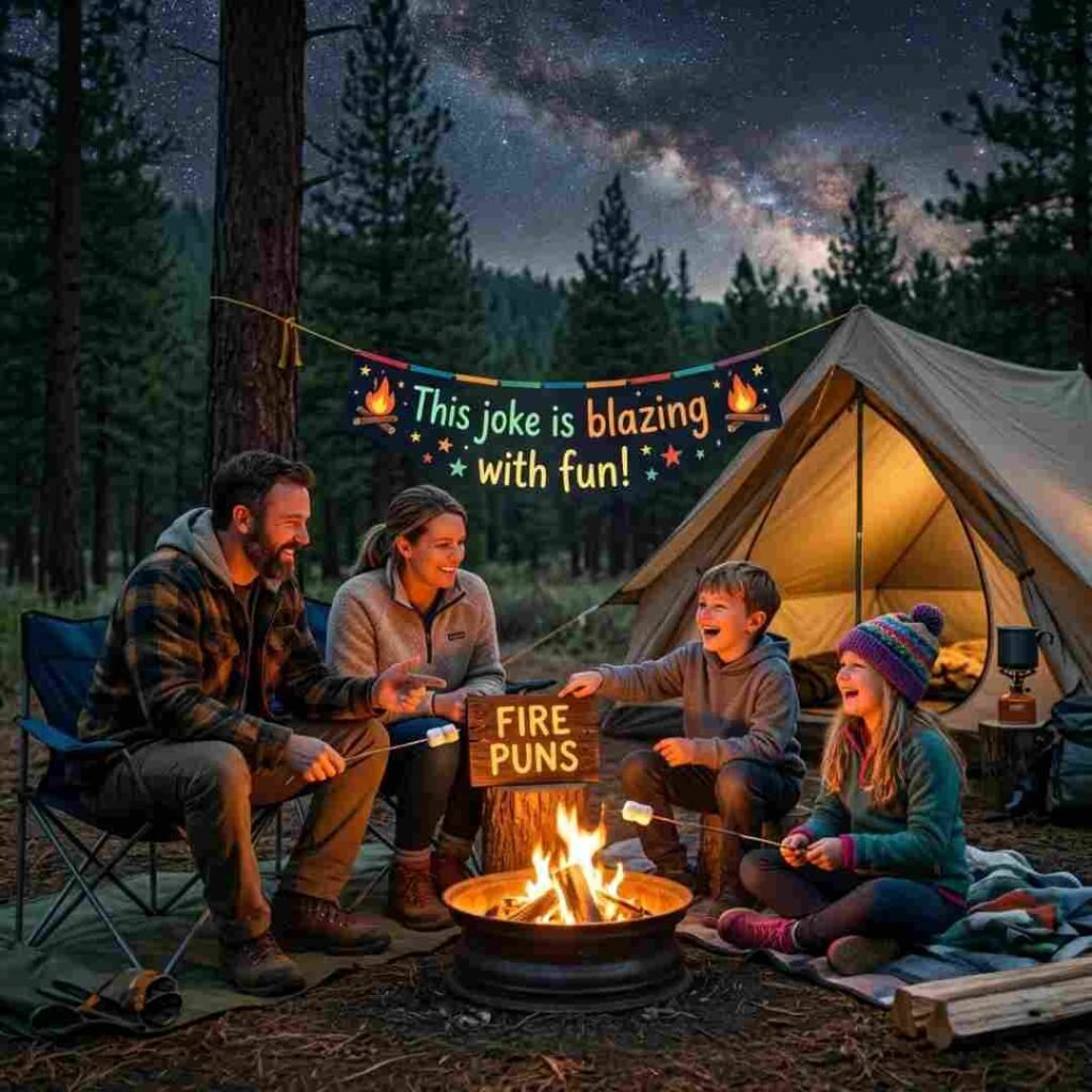 Family-friendly Fire Puns theme with marshmallows roasting over a small backyard campfire at dusk.