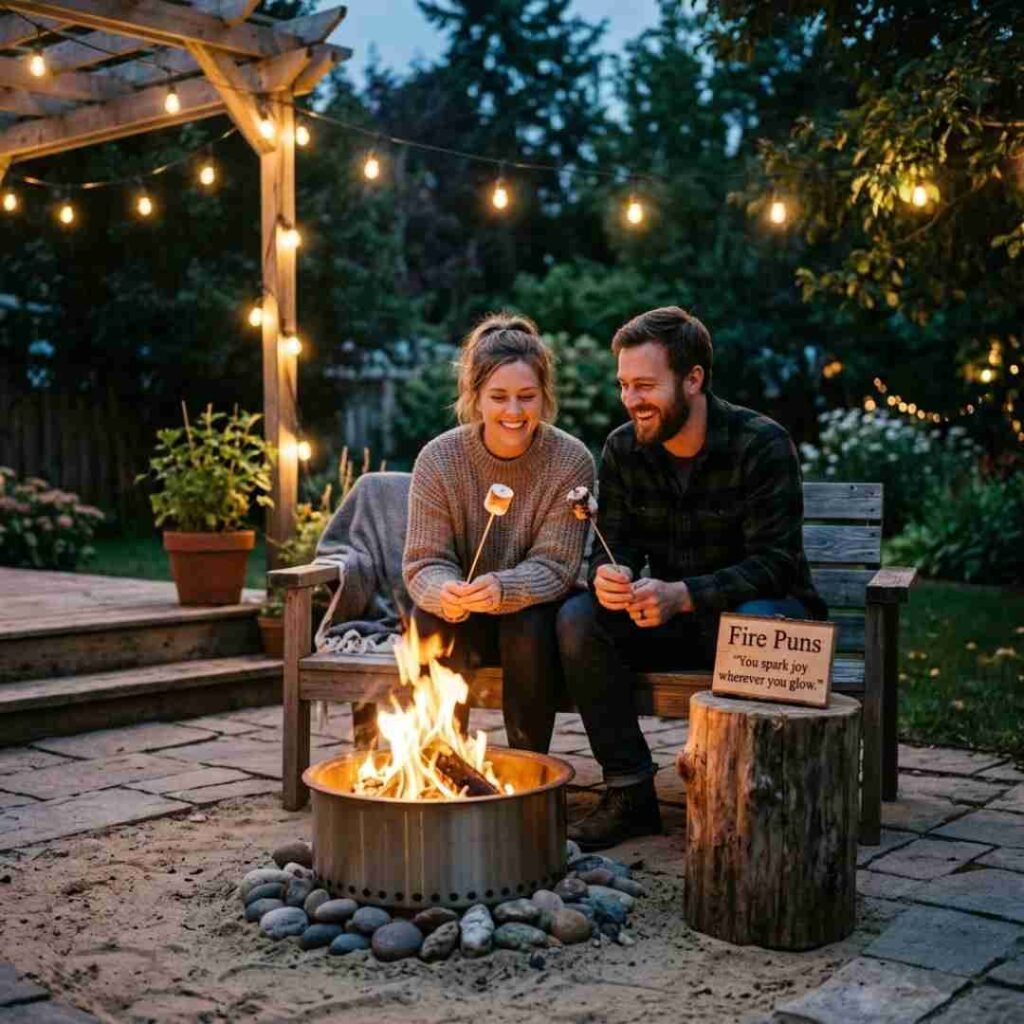 Short Fire Puns showcased with a single realistic flame on a wooden log in a natural setting.