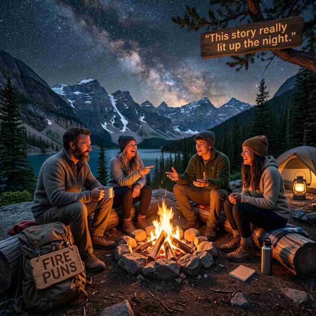 Cute Fire Puns theme with cozy hot cocoa beside a glowing campfire in a peaceful outdoor scene.