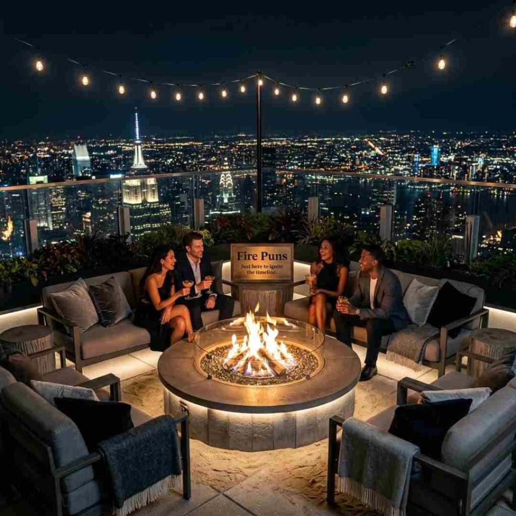 Clever Fire Puns for Instagram featured with a modern outdoor fire bowl and warm evening ambiance.
