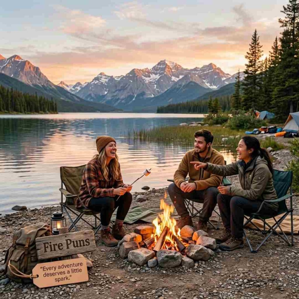 Romantic Fire Puns theme with two chairs beside a glowing campfire under a star-filled night sky.