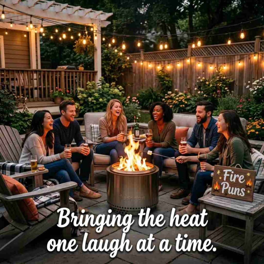 Funny Fire Puns captions displayed on a realistic beach campfire scene at sunset.