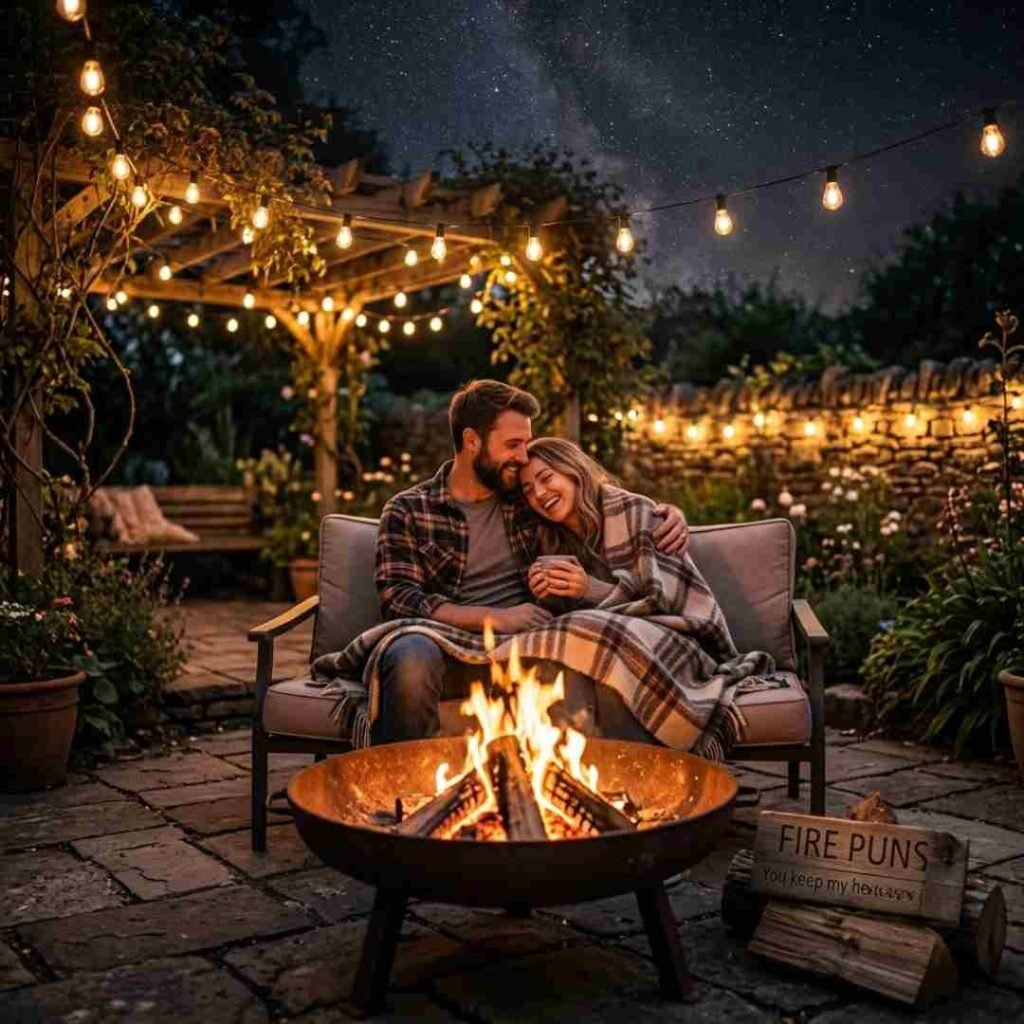 Romantic Fire Puns theme with two chairs beside a glowing campfire under a star-filled night sky.