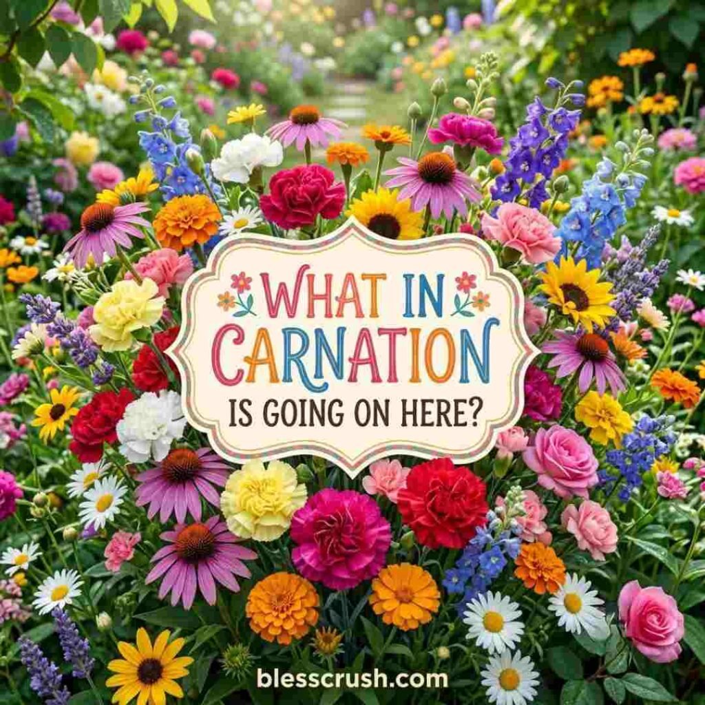 Flower Puns image featuring bright mixed flowers and the humorous saying 'What in Carnation Is Going On Here?
