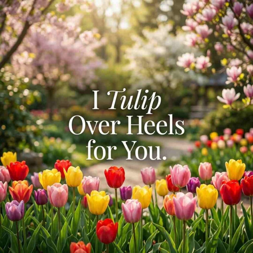 Flower Puns image featuring colorful tulips in full bloom with the romantic message 'I Tulip Over Heels for You.