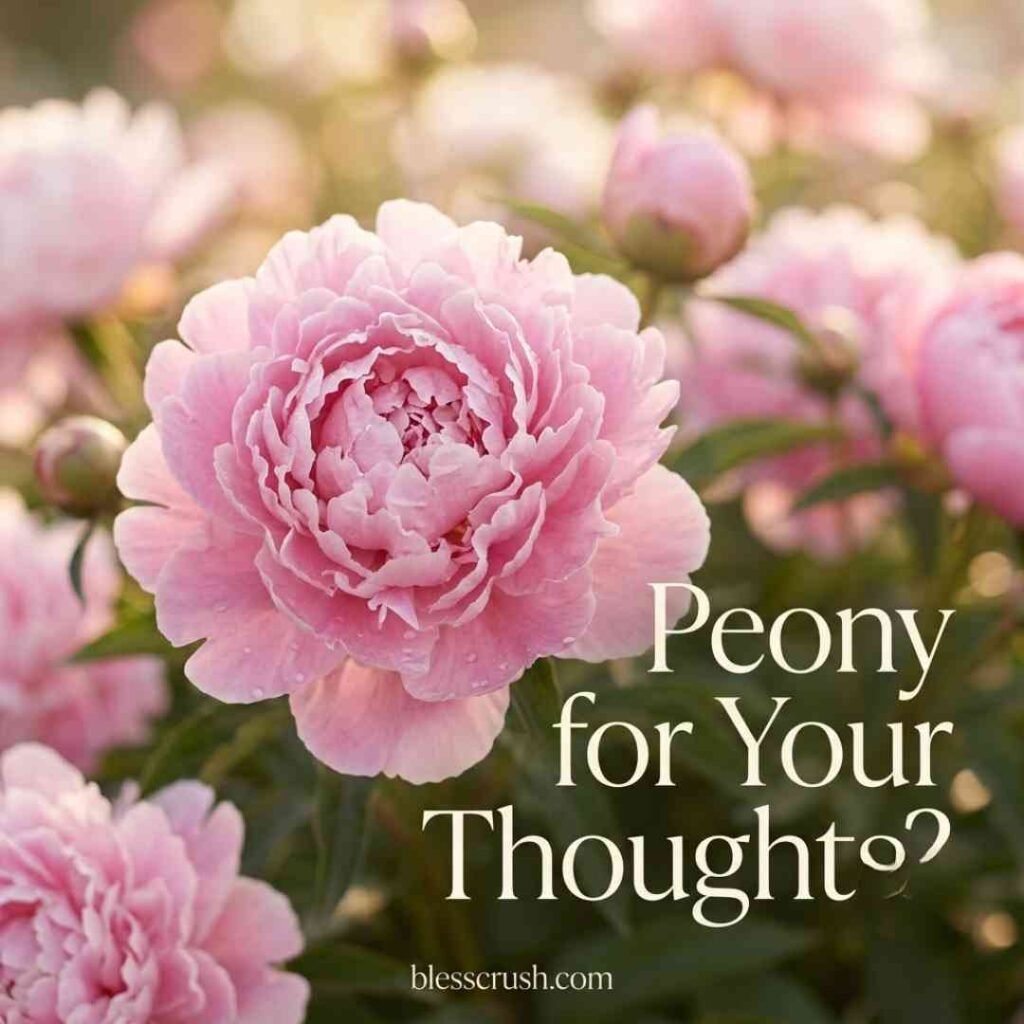 Flower Puns image featuring pink peonies and the playful phrase 'Peony for Your Thoughts?' in stylish text.