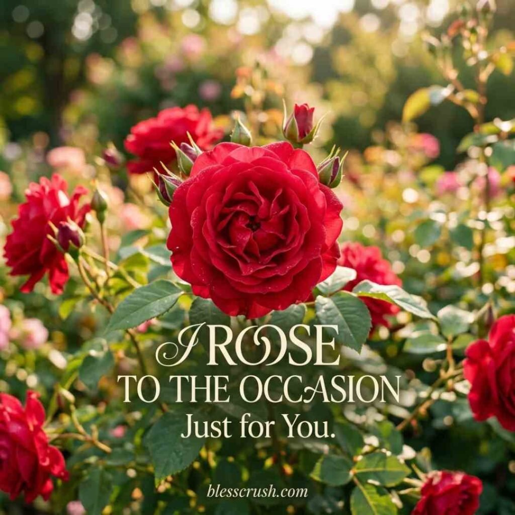 Flower Puns image featuring red roses in a blooming garden with the quote 'I Rose to the Occasion Just for You' and a bright floral background.