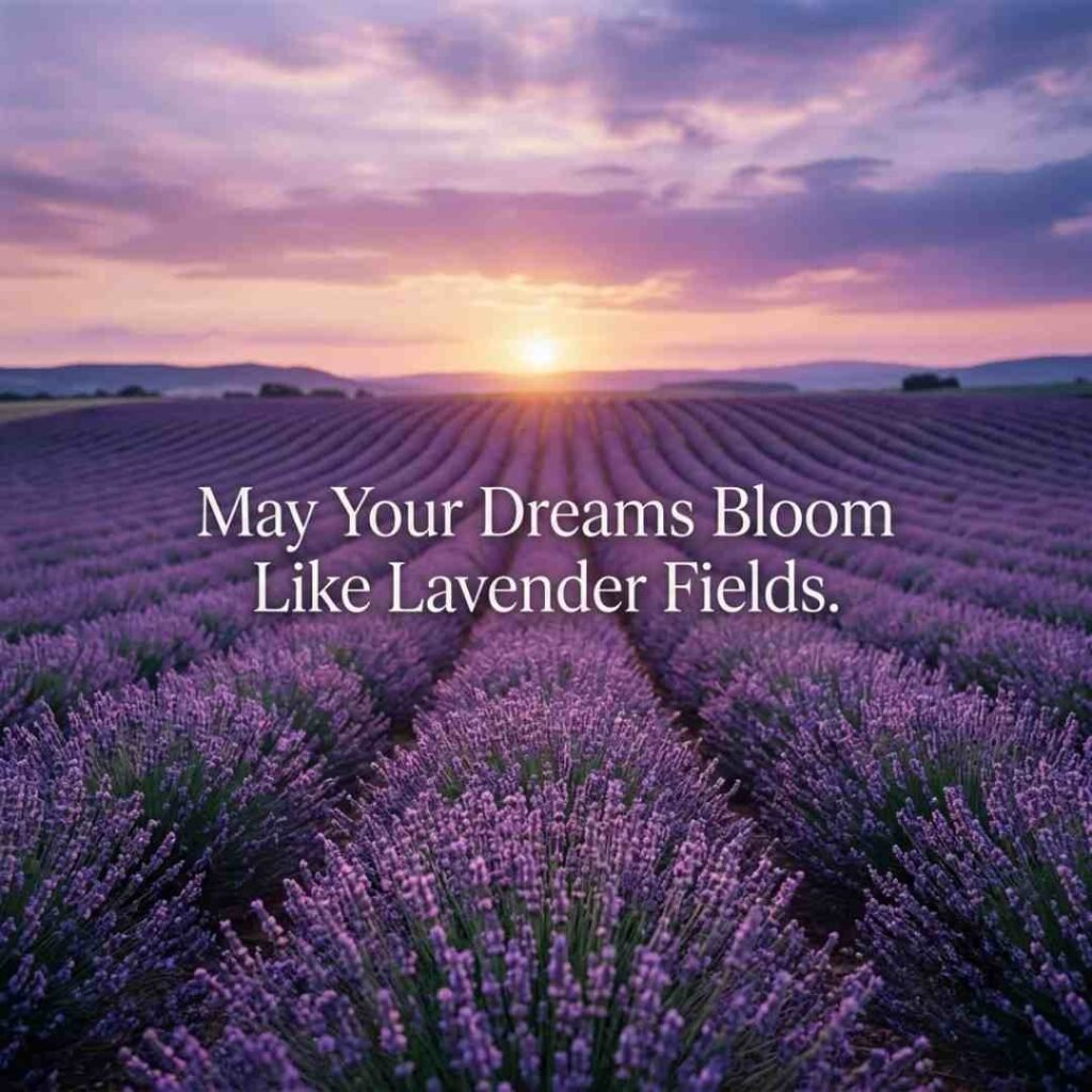 Flower Puns image of a peaceful lavender field at sunset with the blessing 'May Your Dreams Bloom Like Lavender Fields.