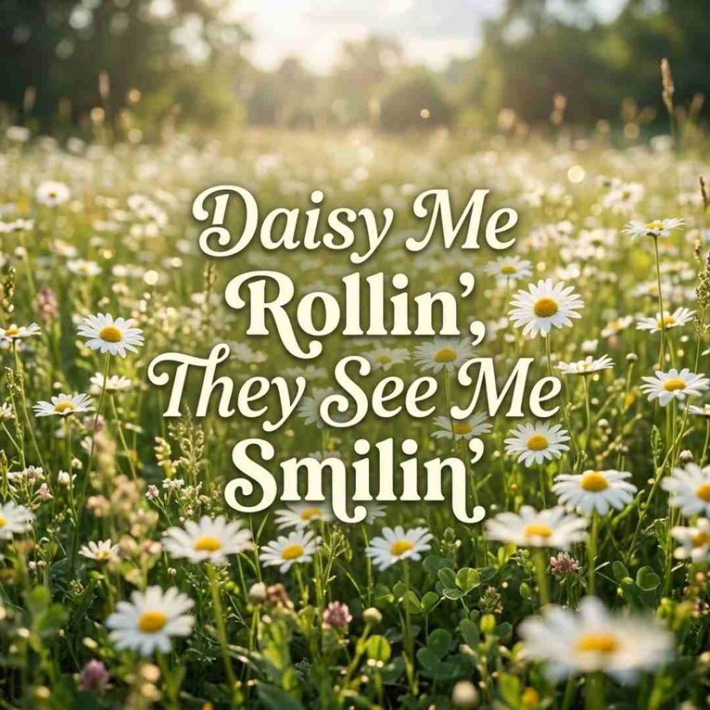 Flower Puns image showing white daisies in a spring meadow with the funny quote 'Daisy Me Rollin', They See Me Smilin.