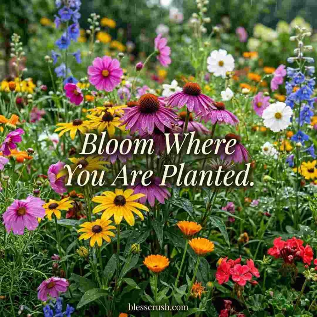 Flower Puns image with colorful flowers blooming after rain and the inspirational quote 'Bloom Where You Are Planted.