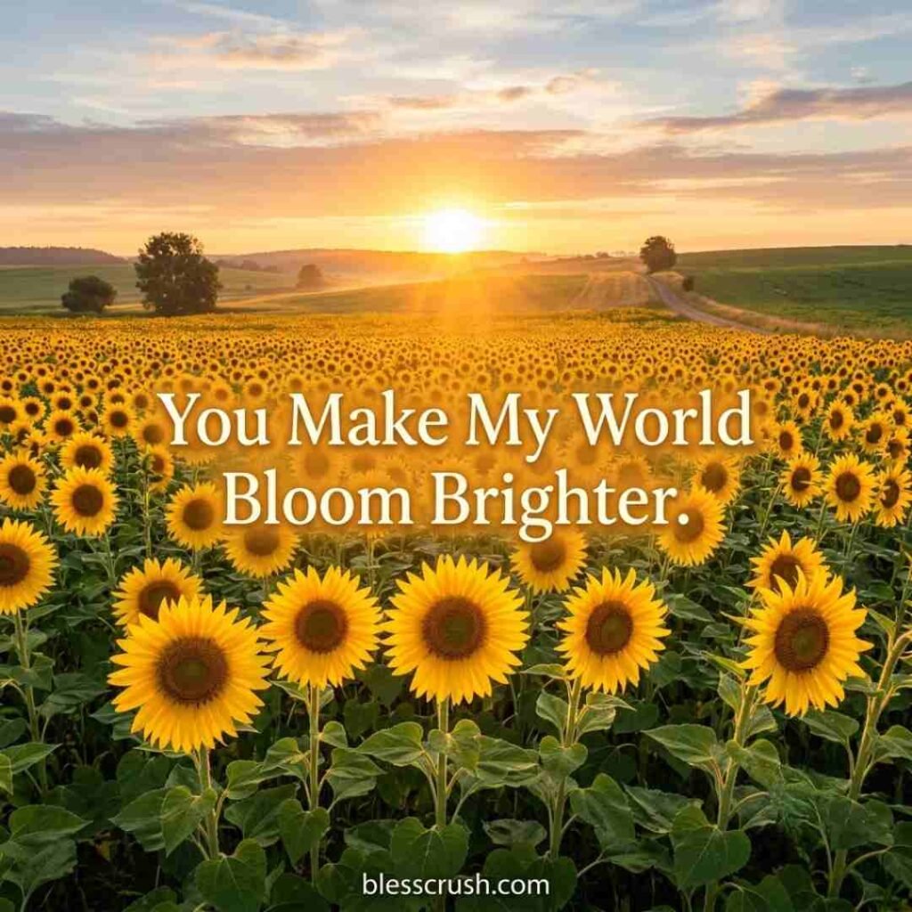 Flower Puns image with golden sunflowers in a sunny field displaying the message 'You Make My World Bloom Brighter' in elegant typography.