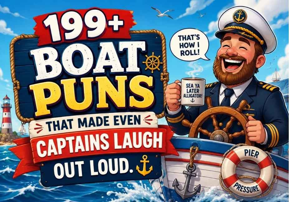 Funny Boat Puns cartoon with a cheerful captain and nautical theme.