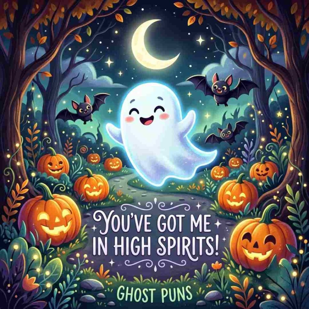 Ghost Puns with a cute ghost, haunted house, moon, bats, and pumpkin.
