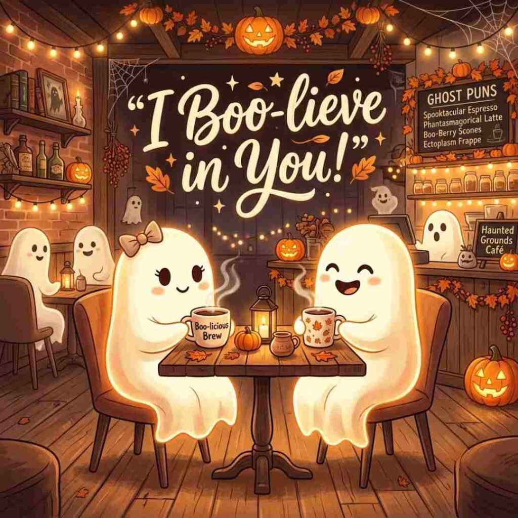 Funny Ghost Puns featuring a smiling ghost in a spooky haunted scene.