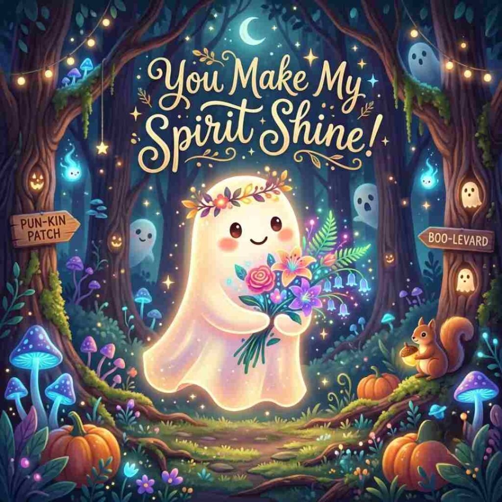 Ghost Puns image with a cheerful ghost, full moon, and pumpkins.