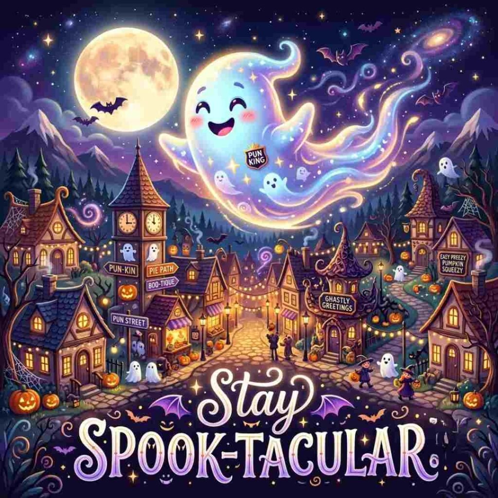 Cute cartoon ghost and haunted house illustration for Ghost Puns blog.