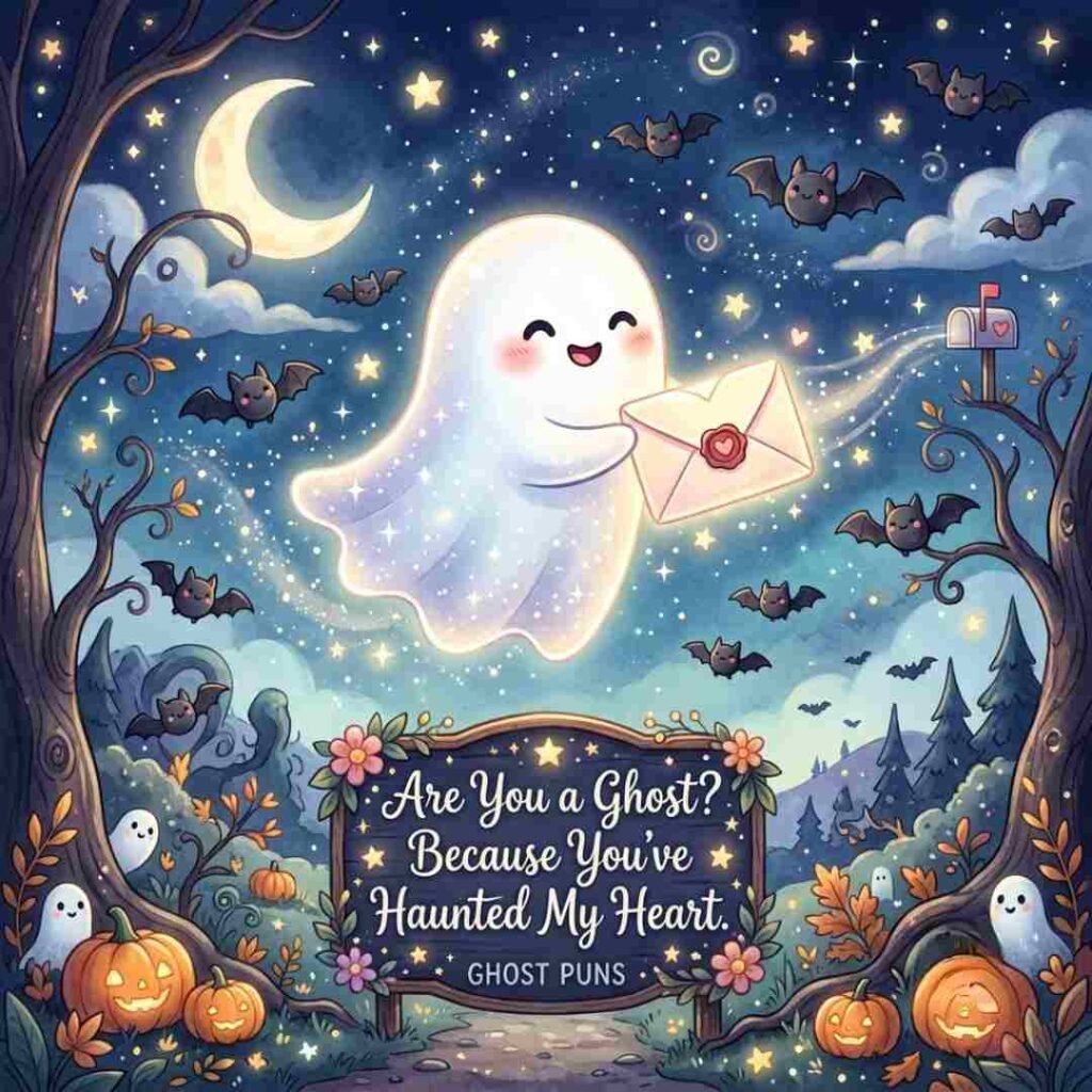 Best Ghost Puns graphic with a friendly ghost in a spooky setting.