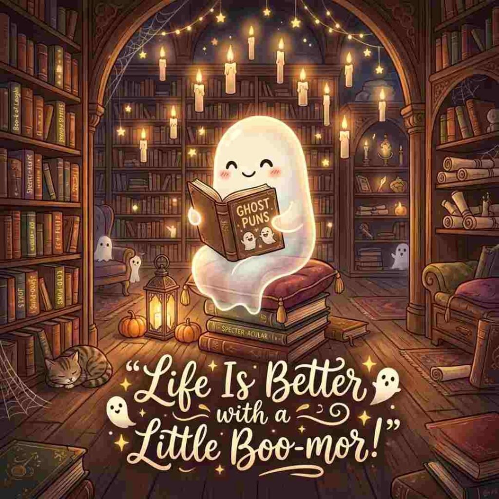 Best Ghost Puns image with a friendly ghost in a spooky setting.