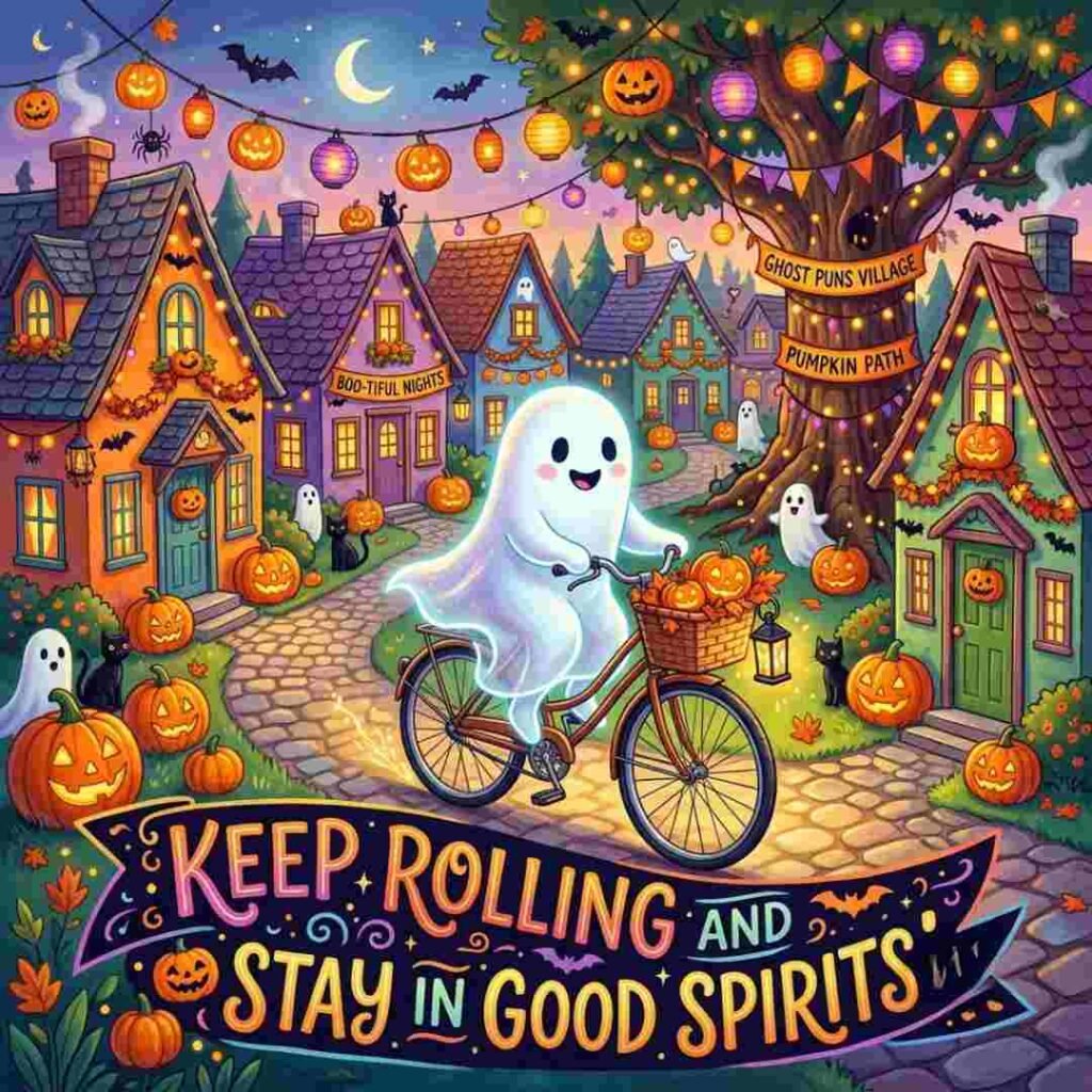Funny Ghost Puns illustration with a cute ghost and Halloween theme.