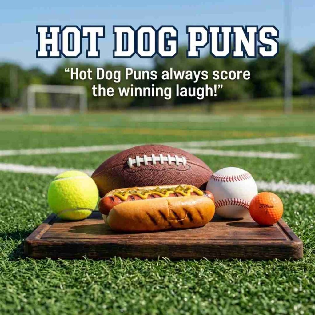 Realistic sports field image featuring a grilled hot dog and sports equipment with the keyword Hot Dog Puns prominently displayed.