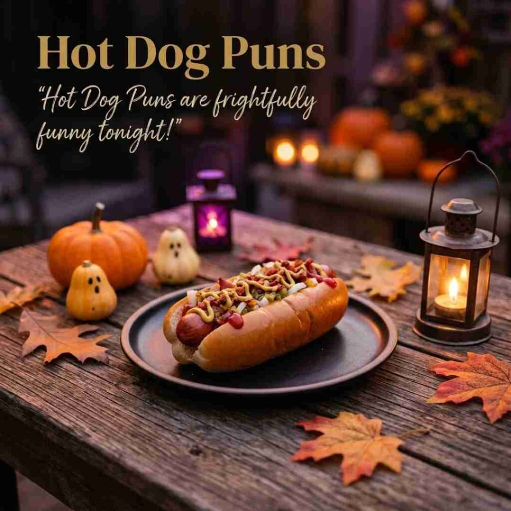 Hot Dog Puns Halloween-themed featured image with a gourmet hot dog, pumpkins, lanterns, and warm spooky lighting in a realistic autumn setting.