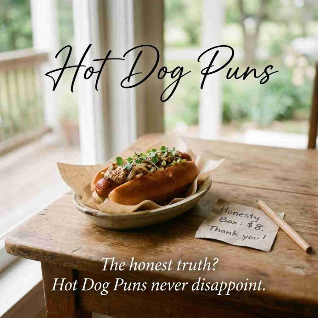 A natural tabletop scene with a gourmet hot dog and honesty note, highlighting Hot Dog Puns in a clean and professional composition.