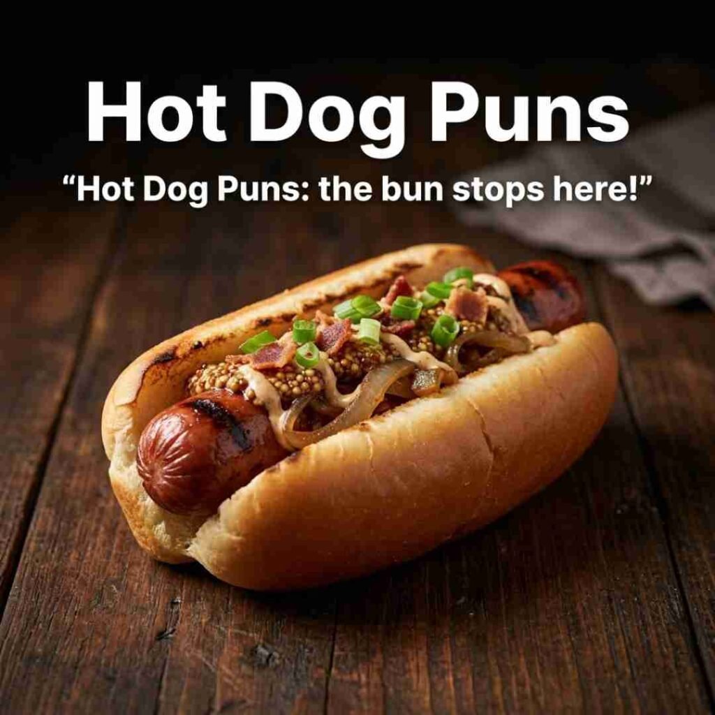 Single gourmet hot dog photographed with dramatic lighting and Hot Dog Puns text, designed for social sharing and blog content.