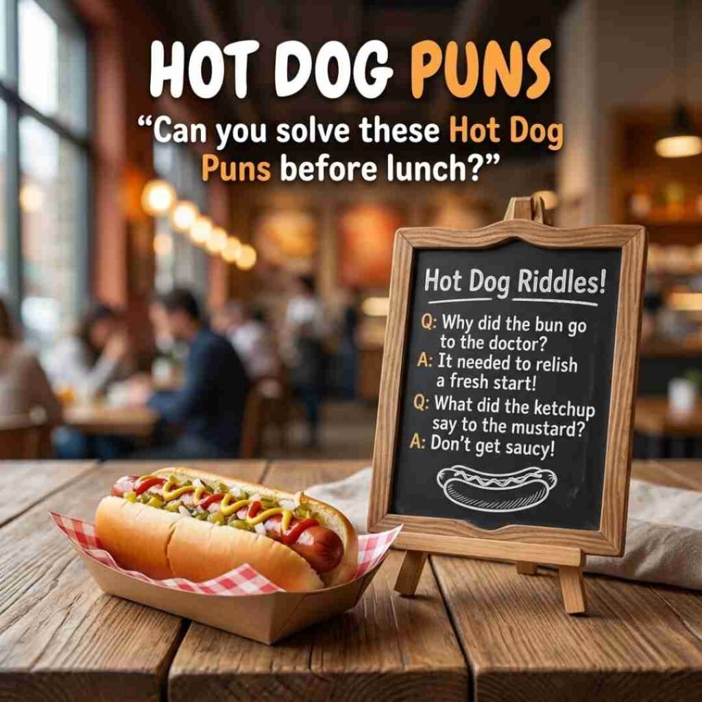 Hot Dog Puns riddle-themed image featuring a gourmet hot dog and chalkboard in a cozy café-inspired environment.