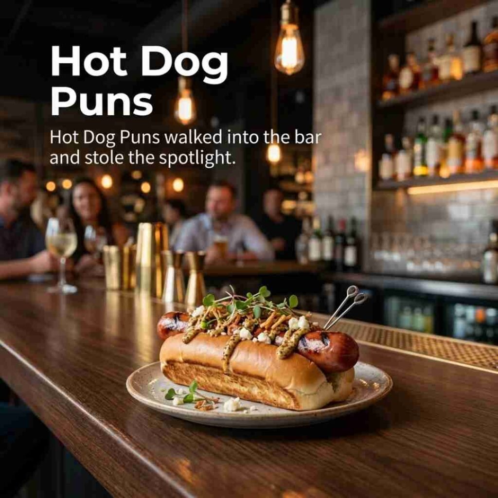 A realistic restaurant bar scene with a gourmet hot dog and Hot Dog Puns typography illuminated by warm ambient lighting.