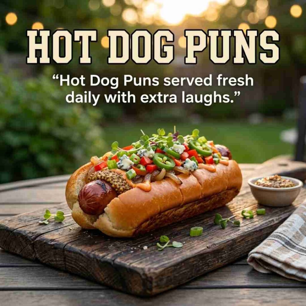 Hot Dog Puns featured image showing a gourmet hot dog with vibrant toppings and professional golden-hour food photography.