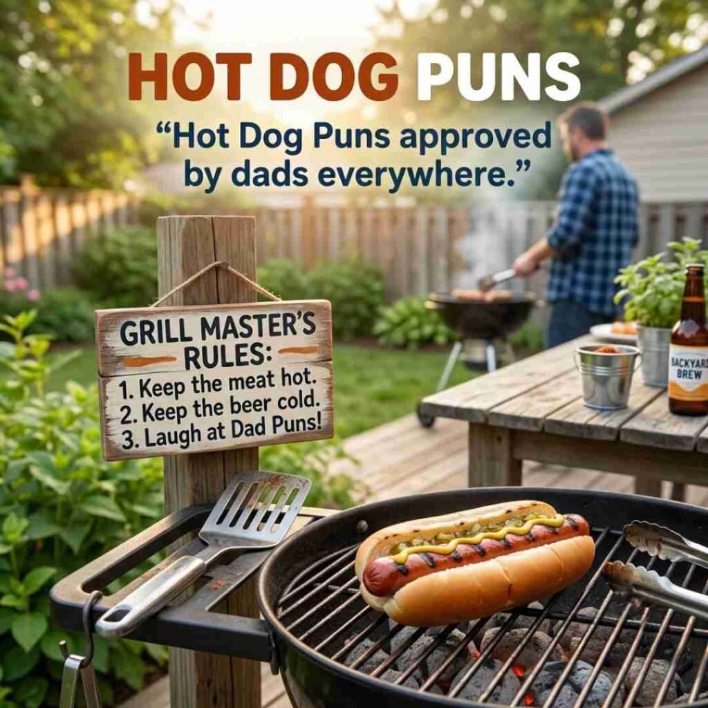 Backyard barbecue image with a grilled hot dog and dad-joke theme, naturally showcasing Hot Dog Puns in the composition.